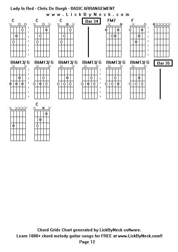 Chord Grids Chart of chord melody fingerstyle guitar song-Lady In Red - Chris De Burgh - BASIC ARRANGEMENT,generated by LickByNeck software.